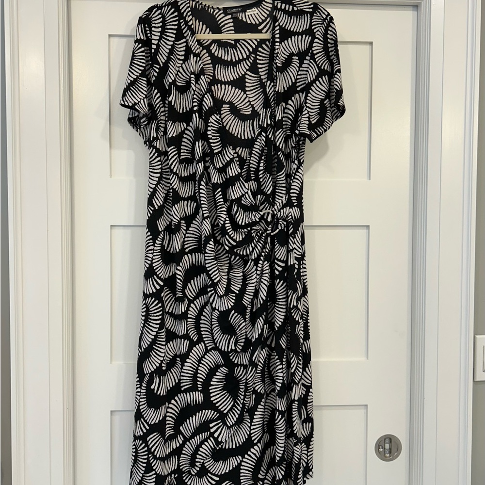 Glamour Black and White Flutter Sleeve Midi Faux Wrap Dress